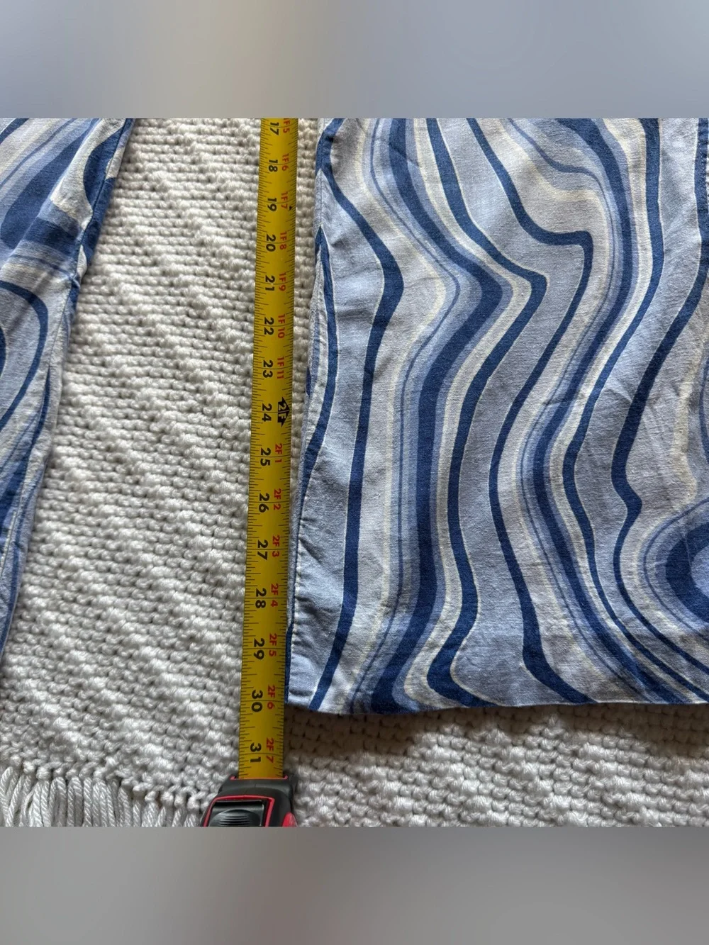 Zara Blue White Swirl Linen Blend Split Hem Flare Pants Retro 70s Psychedelic L
